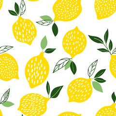Seamless bright  pattern with lemons and leaves for fabric, drawing labels, print on t-shirt, wallpaper of children's room, fruit background. Doodle style cheerful background.