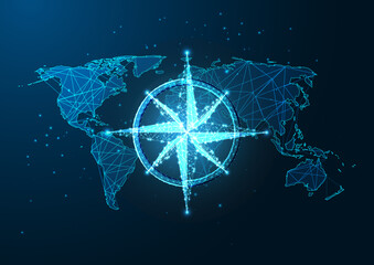 Futuristic navigation concept with glowing low polygonal compass rose and world map © Inna
