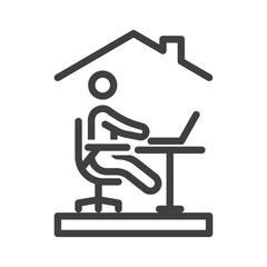 Homework icon. Simple linear image of a person sitting on a chair at a laptop. Remote work at home. Isolated vector on white background.