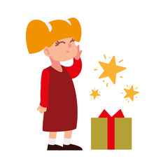 christmas people, blonde little girl with gift and stars celebrating season party