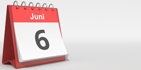 June 6 date written in German on the flip calendar page. 3d rendering