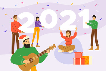 People holding big numbers 2021. Group of friends or team members wishing Merry Christmas and Happy New Year and celebrating holiday with party. Colorful flat vector illustration for web, banner, ui