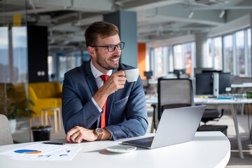 Portrait of the young businessman drinking coffee and sitting at his workplace in the office.