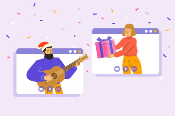 People wishing Merry Christmas and Happy New Year, celebrating holiday and giving gifts via video call or web conference in 2021. Flat vector illustration for web, banner, poster, ui