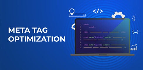 Meta Tag Optimization, HTTP website header SEO (search engine optimization) elements - title tags and meta description. Horizontal vector banner illustration for header with conceptual marketing icons