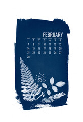 2021 calendar created with cyanotype process with floral leaves. February month.