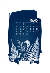 2021 calendar created with cyanotype process with floral leaves. March month.