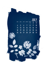 2021 calendar created with cyanotype process with floral leaves. Jule month.