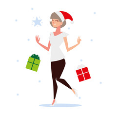 christmas people, celebrating woman with gifts season winter