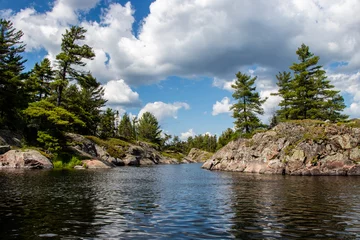 Fotobehang Rocks, trees, blue sky, white clouds and water on a summer day on the Bad River in Ontario, Canada © Lynda