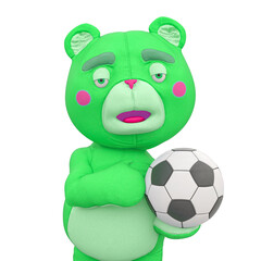 cute bear is holding a football ball close up