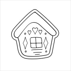 Contour drawing of a gingerbread house. Cute Christmas pastries. Isolated vector illustration on a white background.