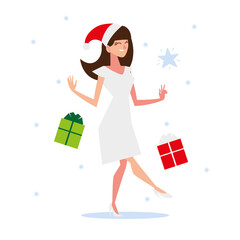 christmas people, happy woman with santa hat and gift boxes season winter celebration