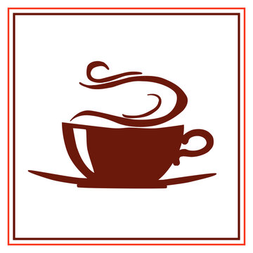 Flat silhouette of a brown Cup and saucer. Vector icon of a hot coffee or tea drink in a frame on a white background.