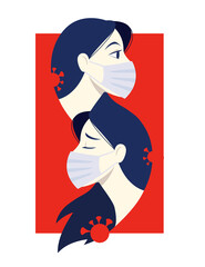 Coronavirus art. Young Woman in Medical Face Mask. Vector isolated Epidemic illustration in flat style. Human protection from Pneumonia outbreak with microbe bacteria COVID-19