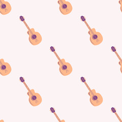 Love music seamless pattern with country guitar, music notes, treble clef, hearts, decorative elements.