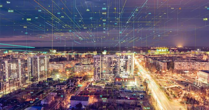 Smart city and communication network concept. 5G. IoT Internet of Things . Telecommunication. time lapse of evening city, beautiful cityscape
