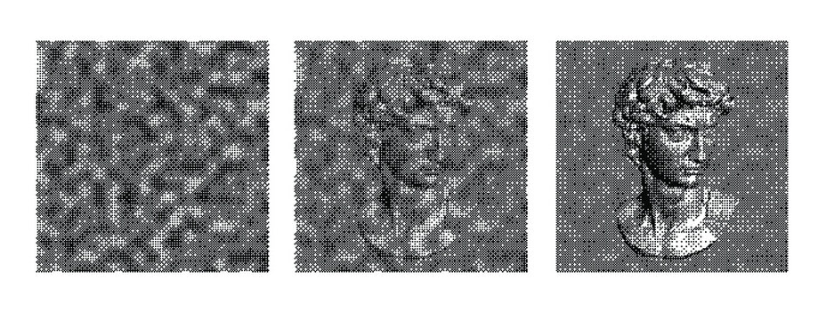 Conceptual illustration of Steganographic Visual Secret Sharing Schemes, Visual cryptography. Hidden image of classical sculpture in simplex random noise.