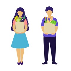 Man and woman with grocery bags isolated on white background Vector flat illustration food shopping Grocery shopping set healthy eating
