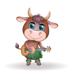 Fototapeta premium Cute cartoon bull, cow with beautiful eyes, Hawaiian hula dancer character with ukulele guitar among leaves, flowers. Chinese new year cute bull mascot