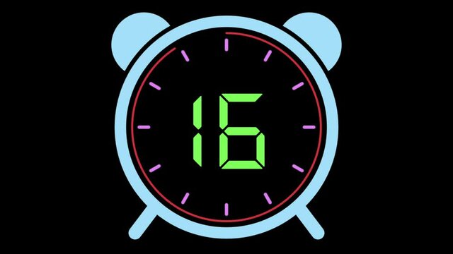 20 Second Countdown Timer Digital With Animated Alarm Clock. Numbers Twenty To Zero - 20 To 0 On Black Background - 4K Ultra Animation
