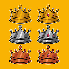 set of crown with diamond in gold silver and bronze color in cartoon style