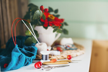  Crochet and knitting. A Red flower in a vase and branches of dog rose,  skeins, needles, scissors, knitwear, glasses on a white table in the cozy home. 