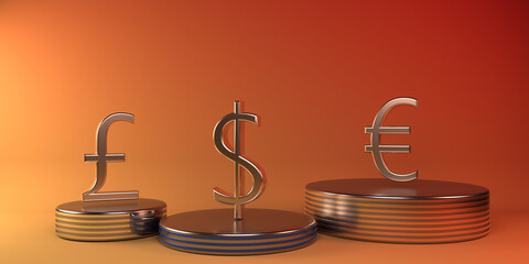 Gold symbols of the dollar, Euro and pound on plinths. Buisness concept. 3D rendering