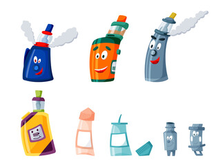 Vector drawing: set of vapes, vaping liquids and vaporizers. Color illustration of characters in cartoon style isolated on white background.