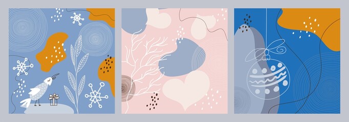 Set of winter abstract creative minimalist hand painted illustrations with decorative branches, bird, Christmas ball. For postcard, poster, social media story design.