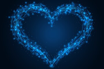 A bright polygonal heart is formed from fragments. Symbol of love. Starry sky. Low-poly construction of lines and dots. Blue background.