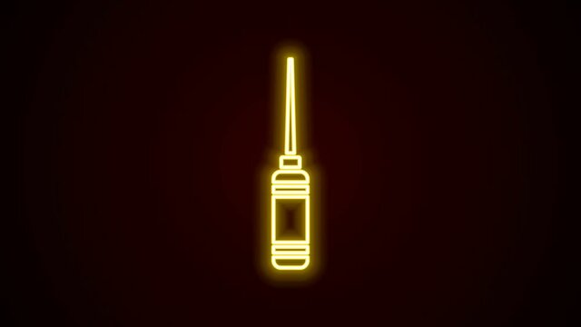 Glowing neon line Awl tool with wooden handle icon isolated on black background. Work equipment tailor industry. 4K Video motion graphic animation
