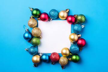 Christmas composition with white square copy space. Colorful ornament and baubles decorations. Mockup greetings card template