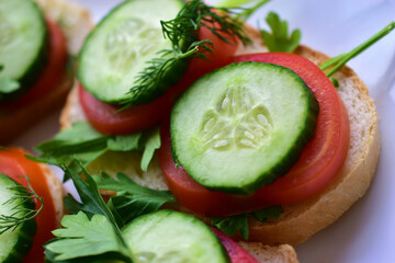 Diet sandwiches with greens, cucumber and tomato on a white plate
