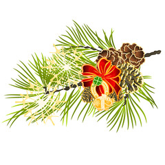 Christmas and New Year decoration Cloverleaf and horseshoe with golden leaves and fir tree branch with pine cones and golden snowflake vintage vector illustration editable hand draw