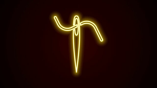 Glowing neon line Needle for sewing with thread icon isolated on black background. Tailor symbol. Textile sew up craft sign. Embroidery tool. 4K Video motion graphic animation