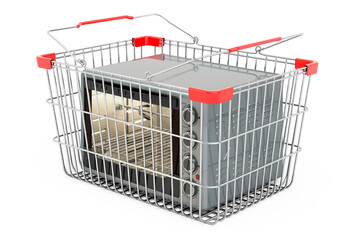 Convection toaster oven inside shopping basket, 3D rendering