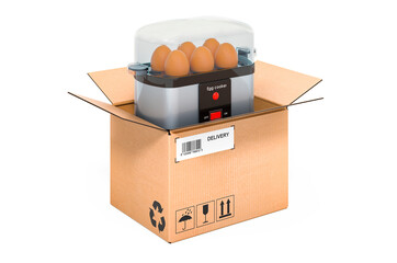 Egg cooker inside cardboard box, delivery concept. 3D rendering