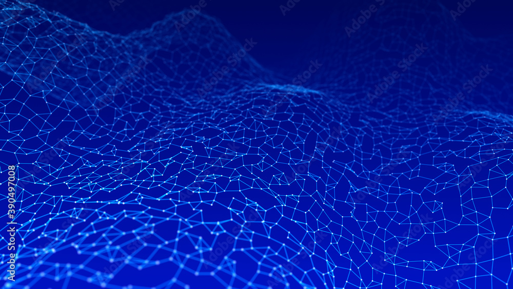 Poster network of bright connected dots and lines. abstract dynamic wave of many points. digital background