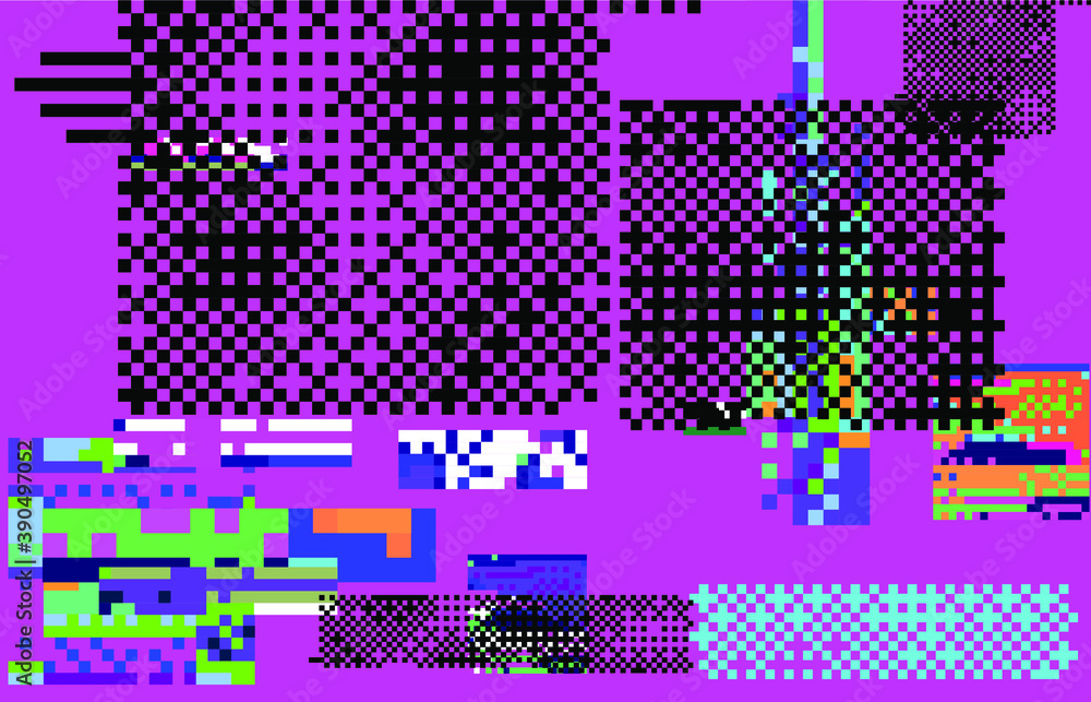 Poster Abstract pixelated retro background in 8-bit retrowave style. Conceptual illustration of steganography.