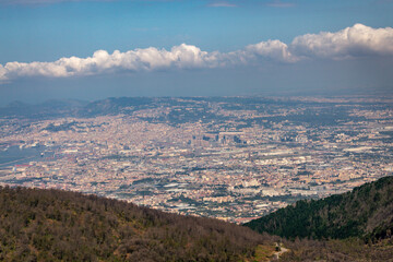 VESUVIUS, ITALY - JULY 12: View of Pompeii from the Vesuvius on July 12 2019. Vesuvius is the only volcano on the European mainland to have erupted within the last hundred years.