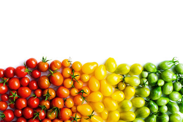 The harvest of tomatoes. Different color and varieties of tomatoes on a white background. Healthy and natural food. Vertical	