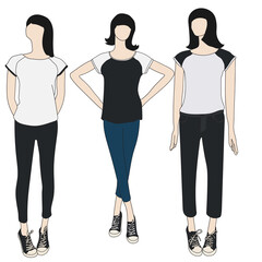 Obraz premium Girls mannequin wearing skinny jeans and t-shirts flat illustration