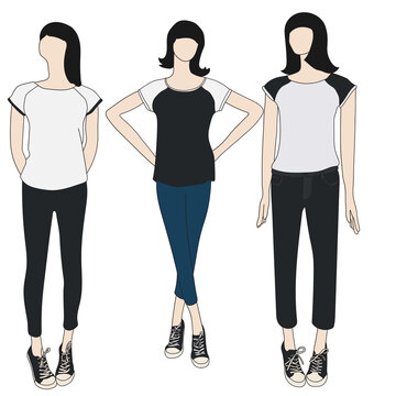 Girls mannequin wearing skinny jeans and t-shirts flat illustration