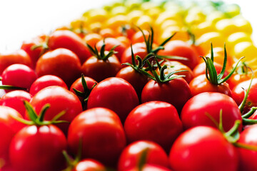 The harvest of tomatoes. Different color and varieties of tomatoes on a white background. Healthy and natural food. Vertical	