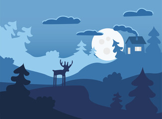 Lonely deer in night forest winter flat illustration
