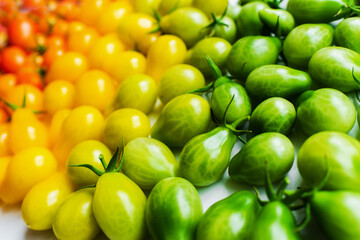 The harvest of tomatoes. Different color and varieties of tomatoes on a white background. Healthy...
