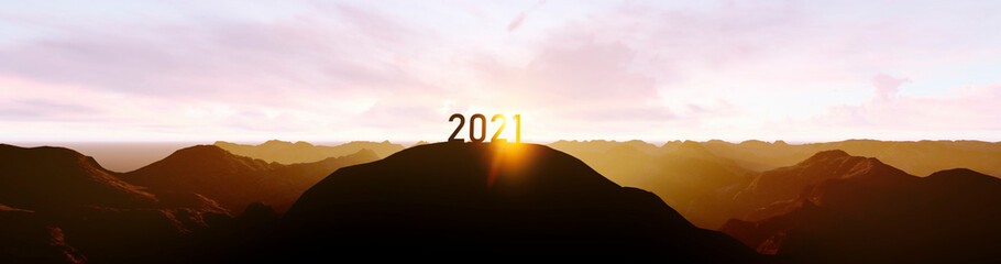silhouette of number 2021 on the mountain, new year celebration concept