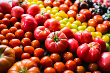 The harvest of vegetables. Different varieties of tomatoes
 are laid out on a wooden background....
