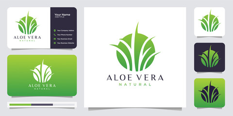 Luxury line art aloe vera.nature,lotus,fresh,vector .logo design with business card. Premium Vector